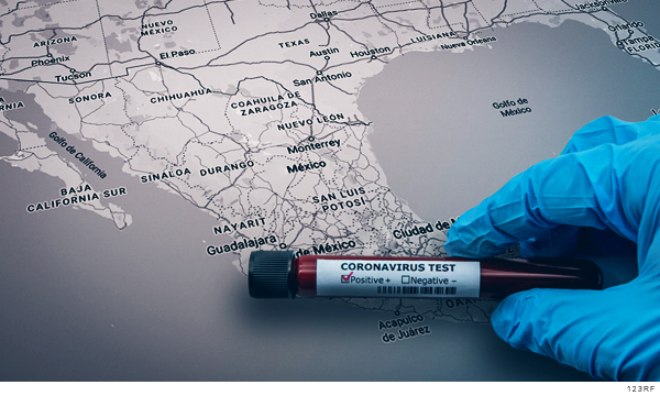 Imagen de muestra de sangre para detectar el coronavirus - Covid-19 con mapa de la república mexicana de fondo
