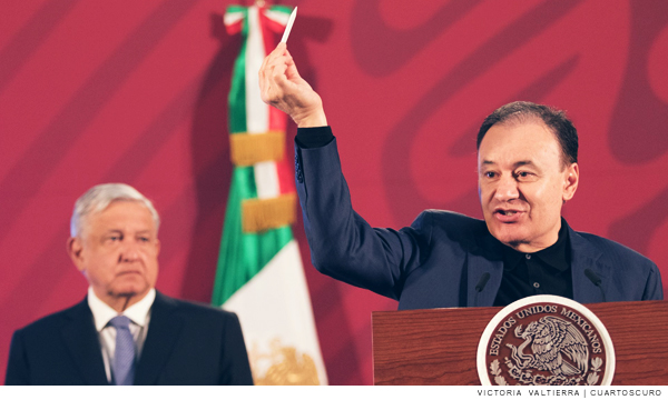 Imagen de el secretario de Seguridad y Protección Ciudadana, Alfonso Durazo Montaño en una conferencia del presidente
