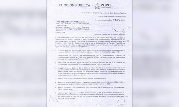 Imagen de un oficio de Hacienda sobre el SAT
