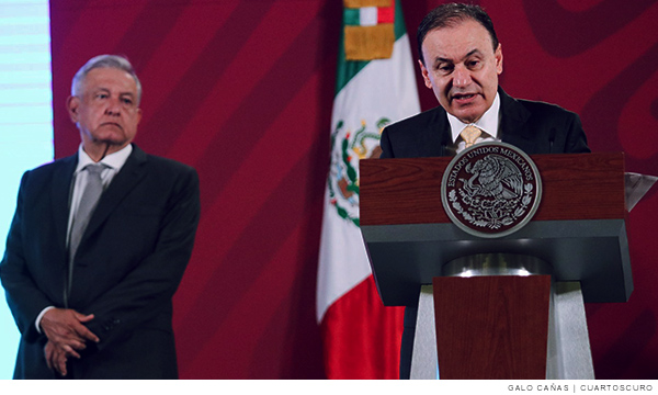 Imagene n conferencia de prensa del presidente de México Andrés Manuel López Obrador y el secretario de Seguridad y Protección Ciudadana, Alfonso Durazo
